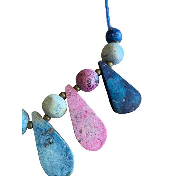 🍒 2/$20 Vintage Pink and Blue Toned Marble Stone Necklace Teardrop and Circles - Picture 2 of 4